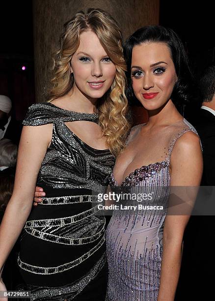 Singers Taylor Swift and Katy Perry attend the 2009 GRAMMY Salute To Industry Icons honoring Clive Davis at the Beverly Hilton Hotel on February 7,...
