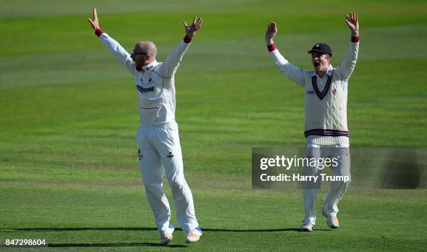 Jack Leach and Tom Abell of Somerset appeals during Day Four of the Specsavers County Championship Division One match between Somerset and Lancashire...