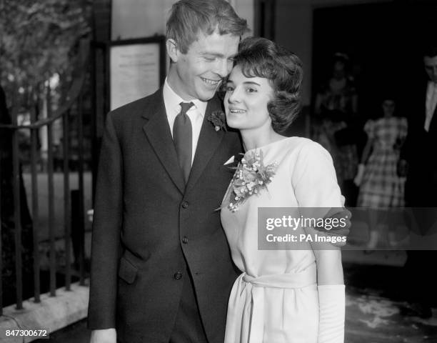 Max Mosley, 20 year old son of Sir Oswald Mosley and Lady Mosley, with his bride, the former Jean Taylor, after their wedding at Chelsea Register...