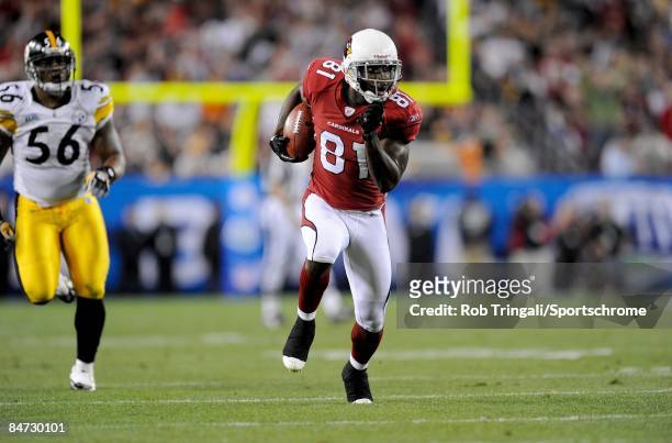 Anquan Boldin of the Arizona Cardinals runs with the ball against the Pittsburgh Steelers during Super Bowl XLIII on February 1, 2009 at Raymond...