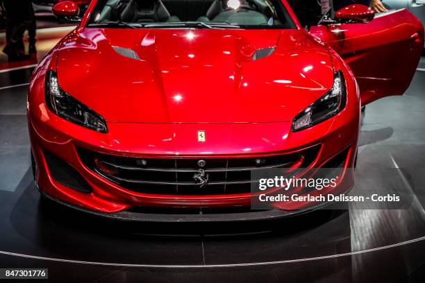 The Ferrari Portofino on display at the 2017 Frankfurt Auto Show 'Internationale Automobil Ausstellung' on September 13, 2017 in Frankfurt am Main,...