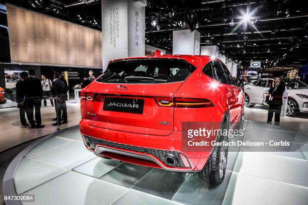 The Jaguar E-Pace on display at the 2017 Frankfurt Auto Show 'Internationale Automobil Ausstellung' on September 13, 2017 in Frankfurt am Main,...