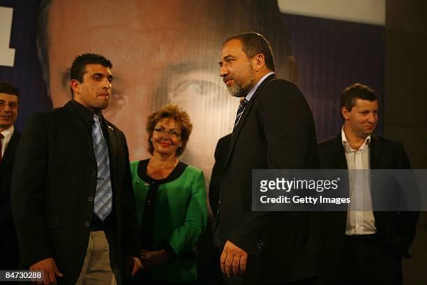 Avigdor Lieberman, leader of Yisrael Beiteinu party, arives after hearing exit poll results at party headquarters February 10, 2009 in Jerusalem,...