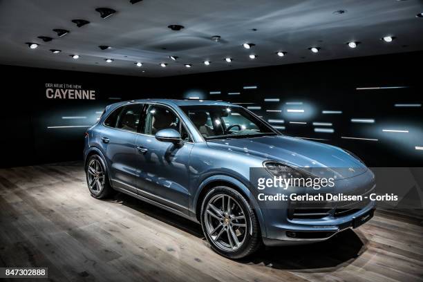 The Porsche Cayenne on display at the 2017 Frankfurt Auto Show 'Internationale Automobil Ausstellung' on September 13, 2017 in Frankfurt am Main,...