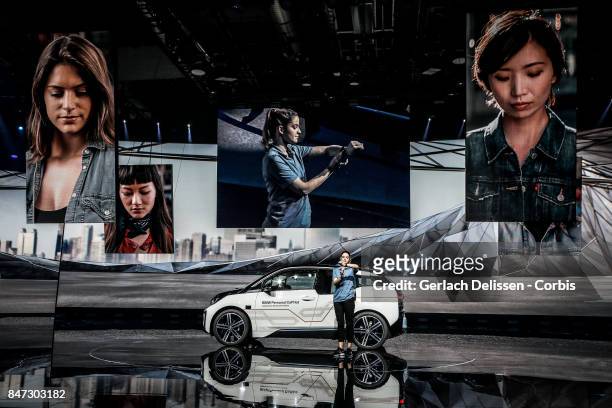 The BMW i3 Personal CoPilot Autonomous Driving test Vehicle as on display at the 2017 Frankfurt Auto Show 'Internationale Automobil Ausstellung' on...