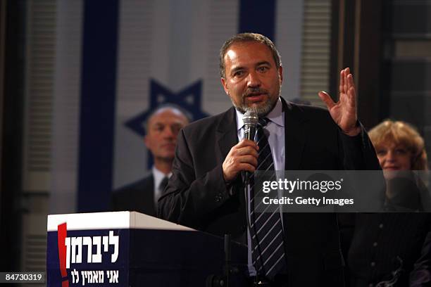 Avigdor Lieberman, leader of Yisrael Beiteinu party, speaks after hearing exit poll results at party headquarters February 10, 2009 in Jerusalem,...