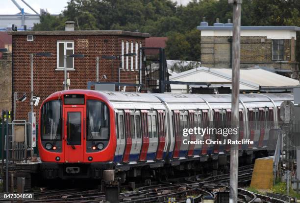 Tube train is seen stopped at Parsons Green Underground Station on September 15, 2017 in London, England. Several people have been injured after an...