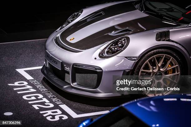 The Porsche 911 GT2 RS on display at the 2017 Frankfurt Auto Show 'Internationale Automobil Ausstellung' on September 13, 2017 in Frankfurt am Main,...