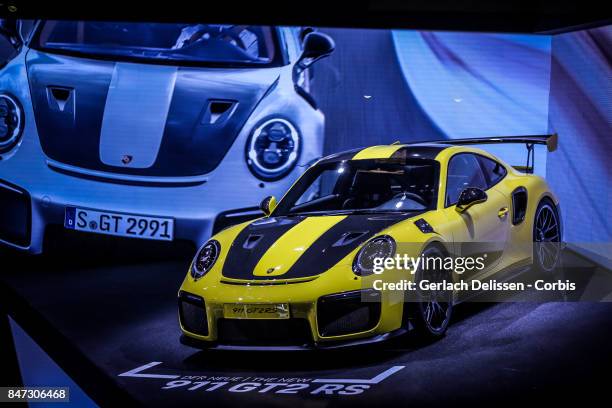 The Porsche 911 GT2 RS on display at the 2017 Frankfurt Auto Show 'Internationale Automobil Ausstellung' on September 13, 2017 in Frankfurt am Main,...