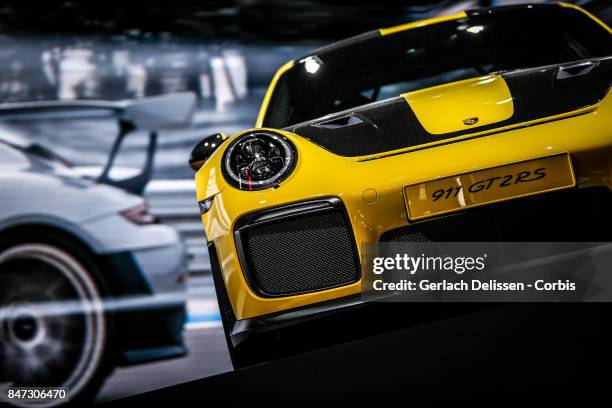 The Porsche 911 GT2 RS on display at the 2017 Frankfurt Auto Show 'Internationale Automobil Ausstellung' on September 13, 2017 in Frankfurt am Main,...