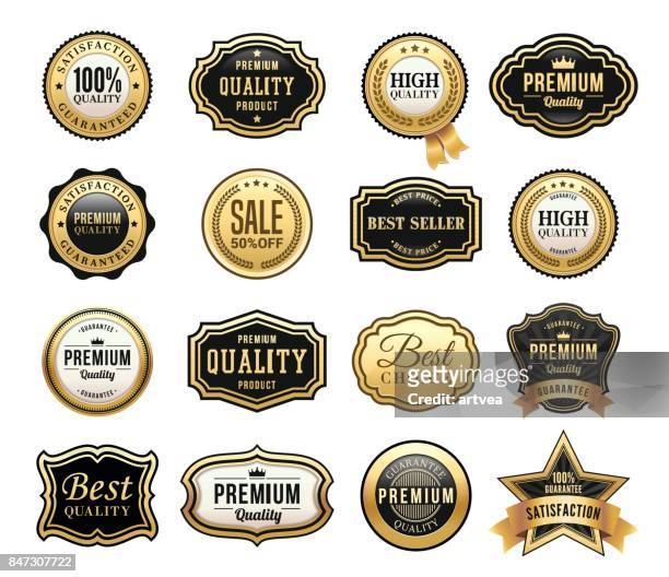 gold badges set - awards party 2017 stock illustrations