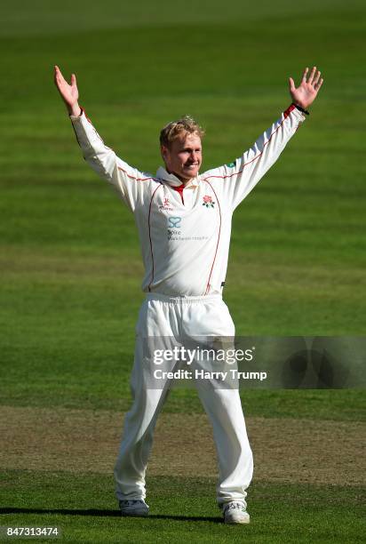 Matthew Parkinson of Lancashire celebrates after dismissing Eddie Byrom of Somerset during Day Four of the Specsavers County Championship Division...