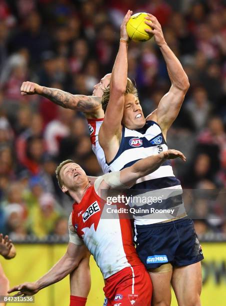 Rhys Stanley of the Cats marks infront of Daniel Hannebery and Zak Jones of the Swans during the Second Semi Final AFL match between the Geelong Cats...