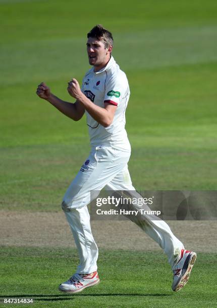 Craig Overton of Somerset celebrates after dismissing Kyle Jarvis of Lancashire during Day Four of the Specsavers County Championship Division One...