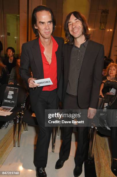 Nick Cave and Bobby Gillespie attend the Pam Hogg SS18 catwalk show at Freemasons Hall during London Fashion Week on September 15, 2017 in London,...