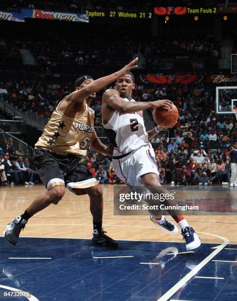 Joe Johnson of the Atlanta Hawks drives to the basket against the Washington Wizards at Philips Arena on February 10, 2009 in Atlanta, Georgia. NOTE...