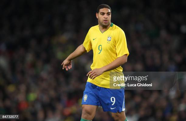 Adriano of Brazil gestures during the international friendly match between Italy and Brazil at Emirates Stadium on February 10, 2009 in London,...