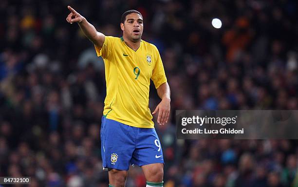 Adriano of Brazil gestures during the international friendly match between Italy and Brazil at Emirates Stadium on February 10, 2009 in London,...