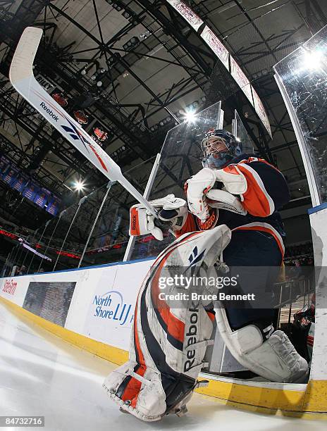 Yann Danis of the New York Islanders skates out onto the ice for his game against the Los Angeles Kings on February 10, 2009 at the Nassau Coliseum...