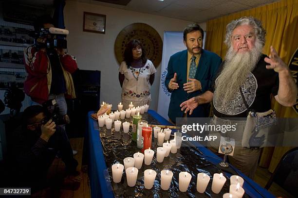 Antonio Vazquez , aka "Brujo Mayor" , stands with Mexican astrologer Esteban Mayo on February 10, 2009 in Mexico City during a ceremony on the...