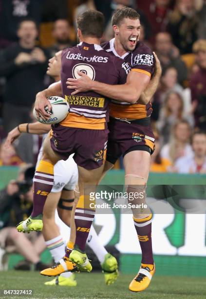 Corey Oates of the Broncos celebrates his try during the NRL Semi Final match between the Brisbane Broncos and the Penrith Panthers at Suncorp...