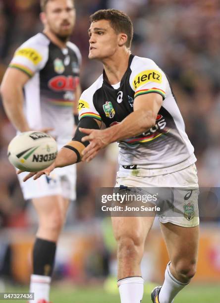 Nathan Cleary passes the ball during the NRL Semi Final match between the Brisbane Broncos and the Penrith Panthers at Suncorp Stadium on September...