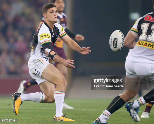 Nathan Cleary passes the ball during the NRL Semi Final match between the Brisbane Broncos and the Penrith Panthers at Suncorp Stadium on September...