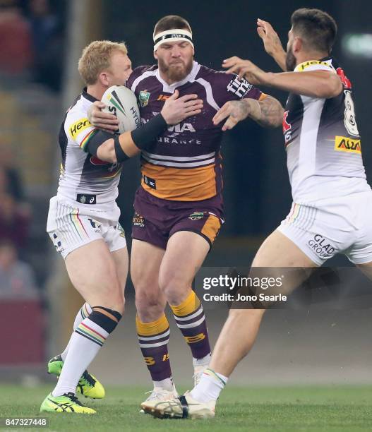 Josh McGuire of the Broncos takes a tackle during the NRL Semi Final match between the Brisbane Broncos and the Penrith Panthers at Suncorp Stadium...