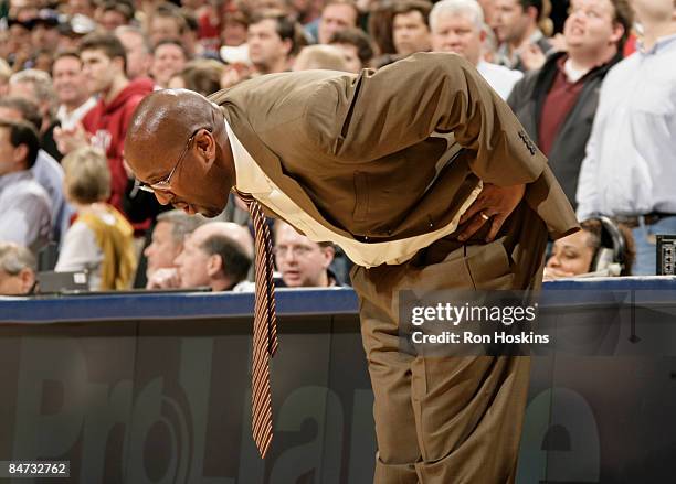 Mike Brown, head coach of the Cleveland Cavaliers, reacts to the Indiana Pacers defeating the Cavs 96-95 at Conseco Fieldhouse on February 10, 2009...