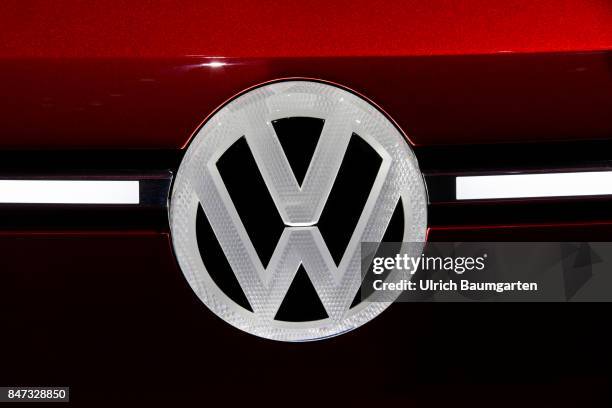 International Motor Show 2017 in Frankfurt. Illuminated Volkswagen logo.