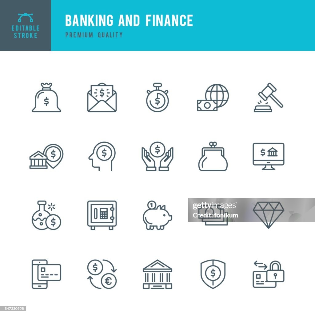 Banca y Finanzas - conjunto de iconos de línea delgada