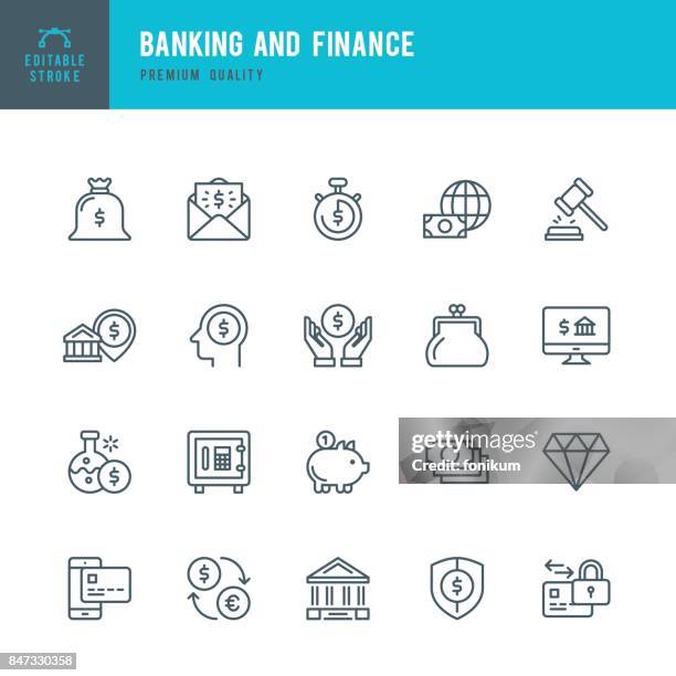 banking and finance  - thin line icon set - money safe stock illustrations