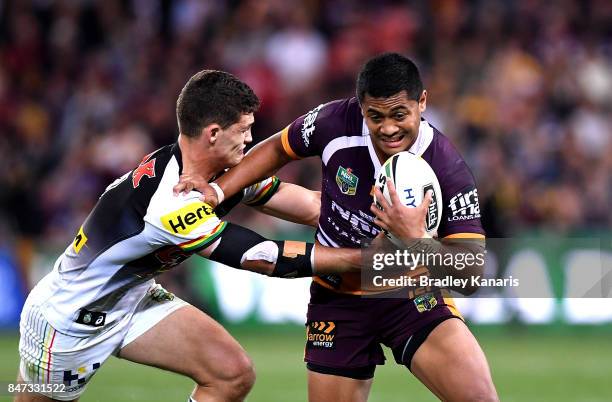 Anthony Milford of the Broncos attempts to break away from the defence during the NRL Semi Final match between the Brisbane Broncos and the Penrith...