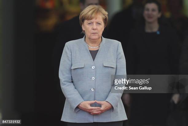 German Chancellor Angela Merkel waits for the arrival of new French Prime Minister Edouard Philippe at the Chancellery on September 15, 2017 in...