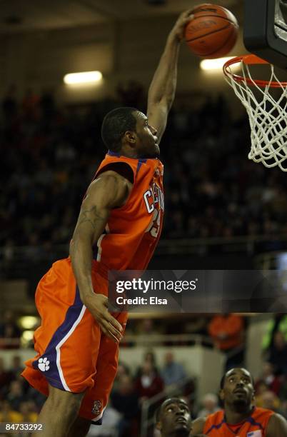 Trevor Booker of the Clemson Tigers dunks the ball in the second half against the Boston College Eagles on February 10, 2009 at Conte Forum in...