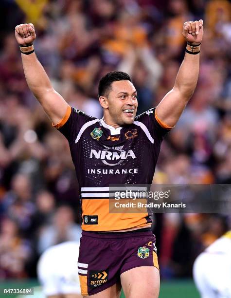 Alex Glenn of the Broncos celebrates victory after his team wins the NRL Semi Final match between the Brisbane Broncos and the Penrith Panthers at...