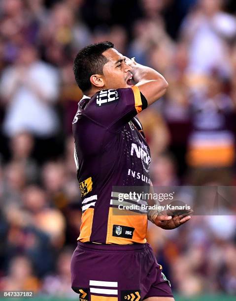 Anthony Milford of the Broncos celebrates victory after his team wins the NRL Semi Final match between the Brisbane Broncos and the Penrith Panthers...