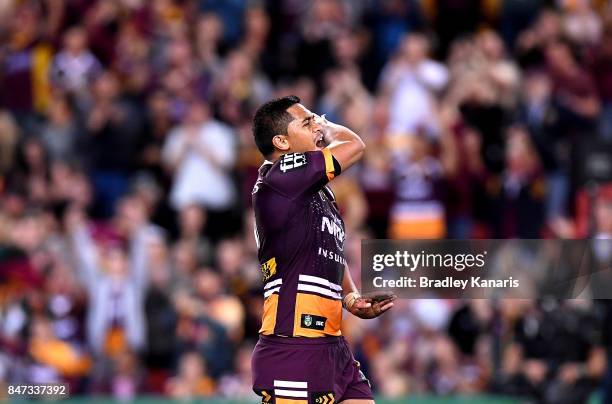 Anthony Milford of the Broncos celebrates victory after his team wins the NRL Semi Final match between the Brisbane Broncos and the Penrith Panthers...