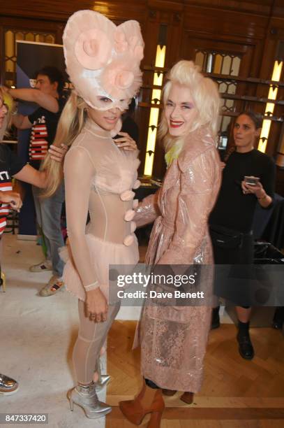 Alice Dellal and Pam Hogg pose backstage at the Pam Hogg SS18 catwalk show during London Fashion Week September 2017 on September 15, 2017 in London,...