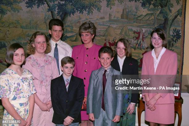 Diana Princess of Wales meets Nicola Simpson from Orpington, Rebecca Whitbread from Daventry, Paul Woodward from County Durham, Adam Nicholson from...