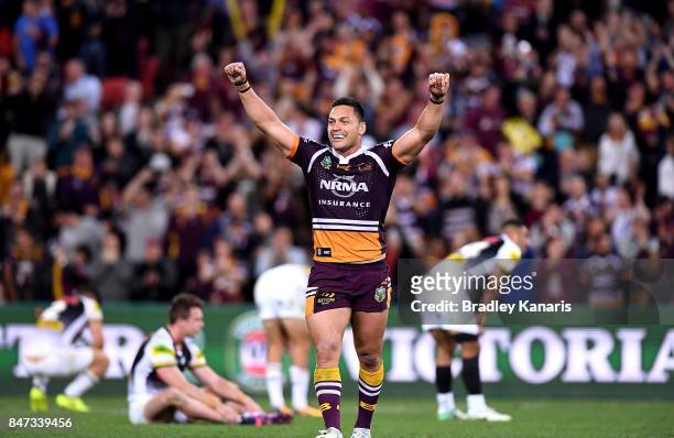 Alex Glenn of the Broncos celebrates victory after the NRL Semi Final match between the Brisbane Broncos and the Penrith Panthers at Suncorp Stadium...