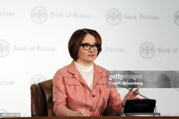 Elvira Nabiullina, Russia's central bank governor, prepares to speak at a news conference to announce interest rates in Moscow, Russia, on Friday,...