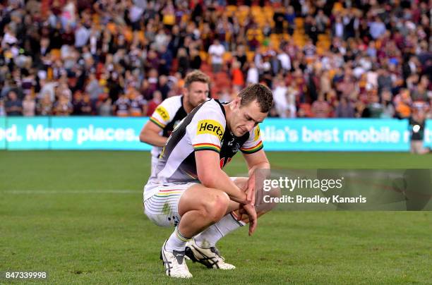 Isaah Yeo of the Panthers looks dejected after his team loses the NRL Semi Final match between the Brisbane Broncos and the Penrith Panthers at...