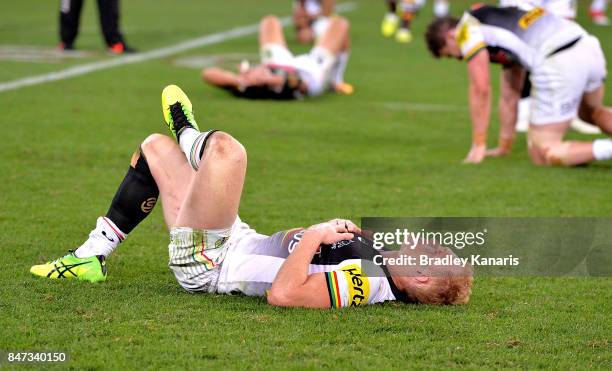 Peter Wallace of the Panthers looks dejected after his team loses the NRL Semi Final match between the Brisbane Broncos and the Penrith Panthers at...