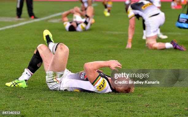 Peter Wallace of the Panthers looks dejected after his team loses the NRL Semi Final match between the Brisbane Broncos and the Penrith Panthers at...