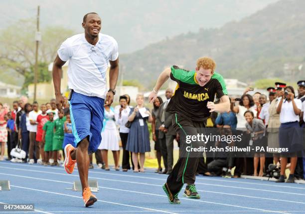 Prince Harry is first out of the blocks against Olympic sprint champion Usain Bolt, at the University of the West Indies, in Jamaica where the Prince...