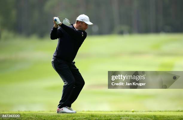 Greig Hutcheon of the Great Britain and Ireland PGA Cup team in action during the morning fouball matches on day 1 of the 28th PGA Cup at Foxhills...