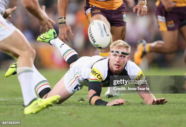 Peter Wallace of the Panthers makes a pass during the NRL Semi Final match between the Brisbane Broncos and the Penrith Panthers at Suncorp Stadium...