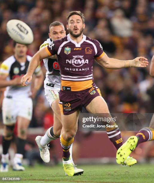 Ben Hunt of the Broncos makes a pass during the NRL Semi Final match between the Brisbane Broncos and the Penrith Panthers at Suncorp Stadium on...