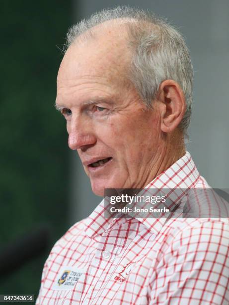 Brisbane coach Wayne Bennett talks to the media after winning the NRL Semi Final match between the Brisbane Broncos and the Penrith Panthers at...